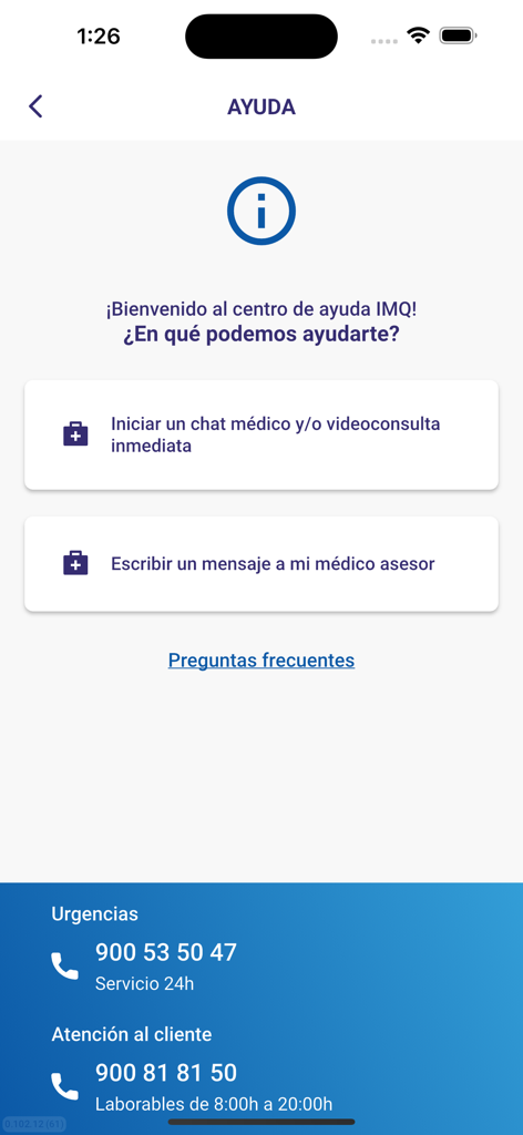 The help center screen of the IMQ app with options for medical chat and emergency phone numbers.