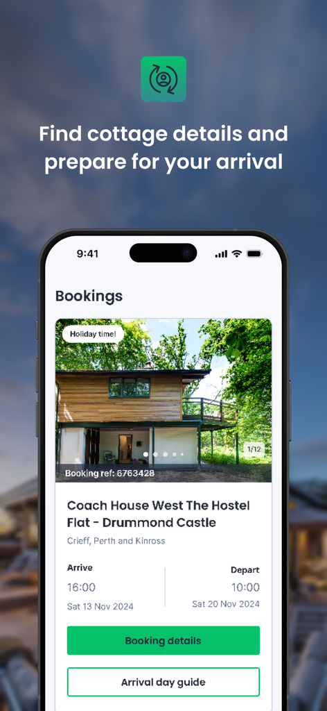 Schermata dell'app mobile che mostra i dettagli della prenotazione per un soggiorno in cottage, comprese le date di arrivo e le guide al check-in