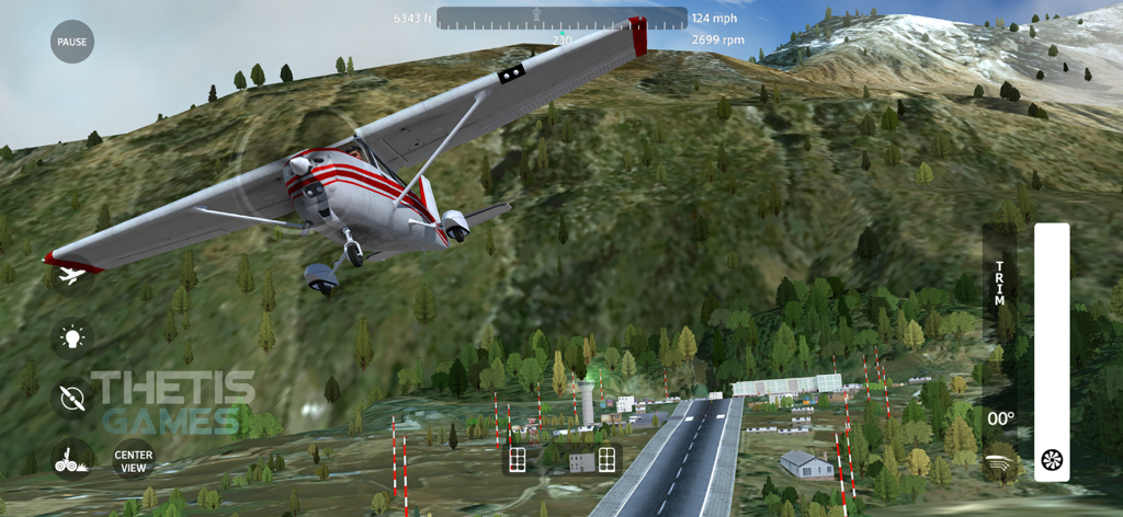 Small aircraft flying over a forested mountain landscape towards a landing strip in FlyWings 2018