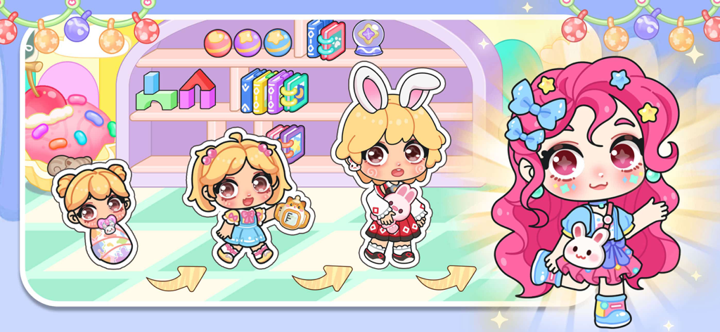 Cuatro lindos personajes chibi mostrando diferentes etapas de crecimiento y atuendos en una colorida sala de juegos.
