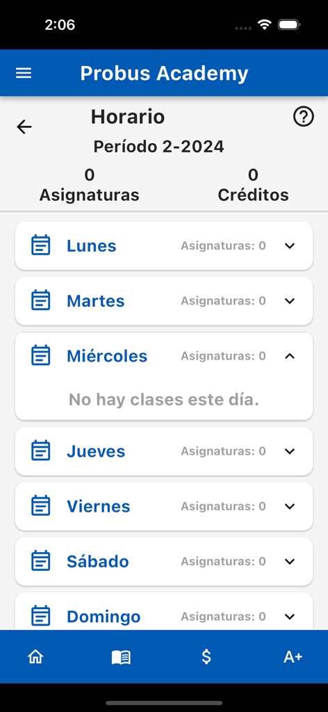 Weekly class schedule interface for university students in the UFHEC Probus Academy app.