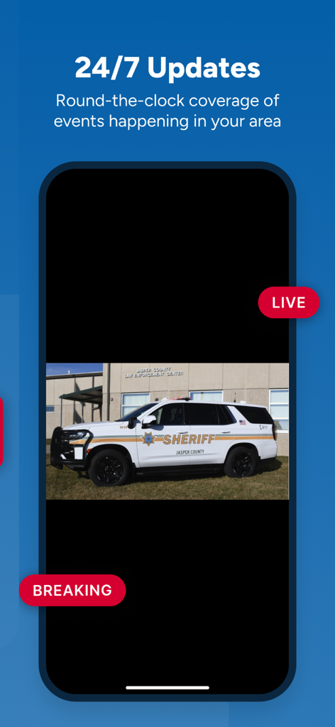 Des Moines News - We Are Iowa - Des Moines News App-Benutzeroberfläche, die ein Live-Video einer Eilmeldung eines Polizeifahrzeugs des Jasper County Sheriff zeigt