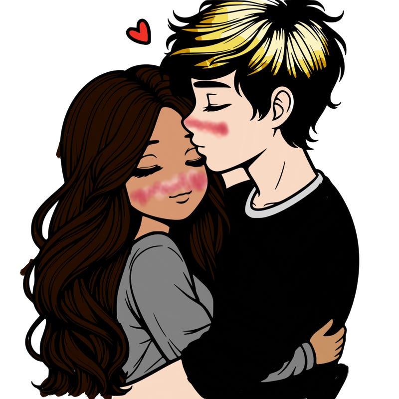 a realistic couple boy and girl hugging and kissing