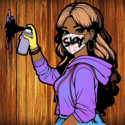 realistic girl with mask spray painting a wall