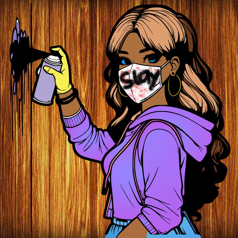 realistic girl with mask spray painting a wall