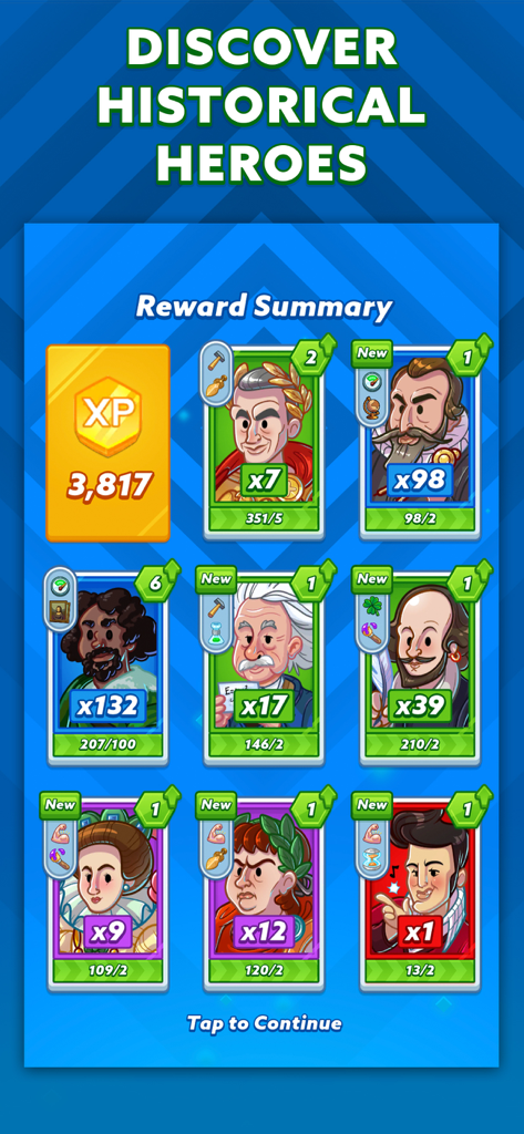 Pantalla de resumen de recompensas de cartas de héroes históricos en AdVenture Ages