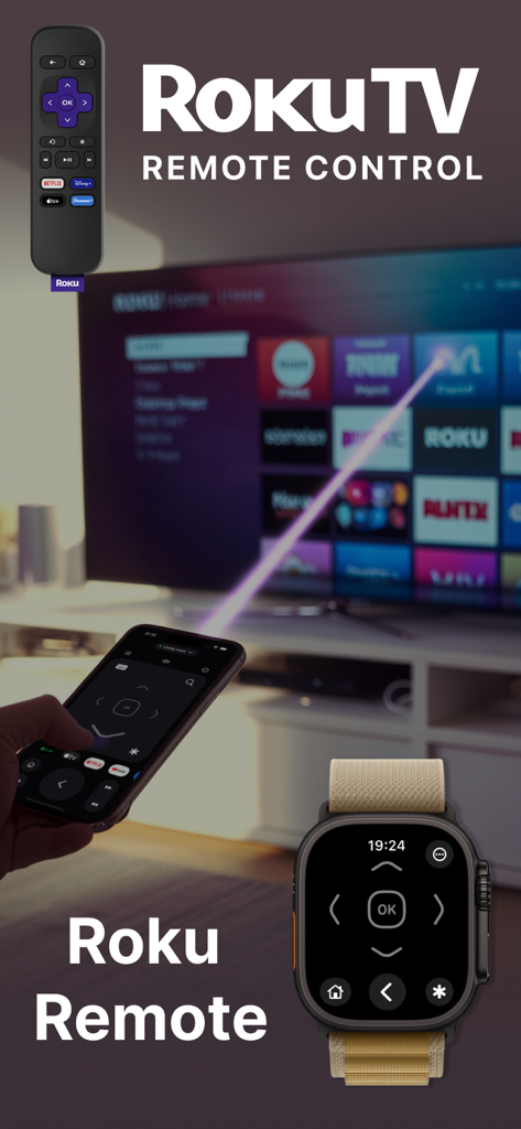 Rolu: Roku Remote - Interface do aplicativo Rolu com controle remoto no iPhone e Apple Watch para Roku TV
