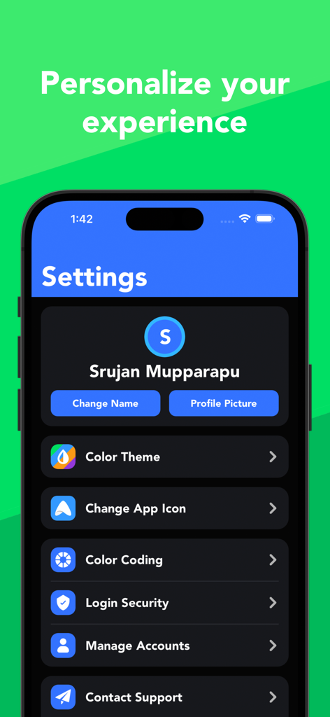 GradeWay for HAC - GradeWay app settings screen showing personalization options for color themes app icons and profile management