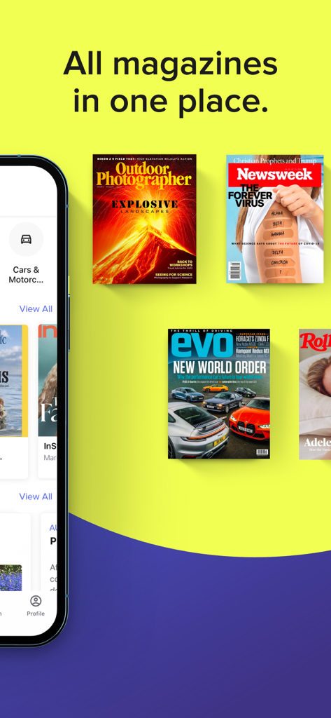 ZINIO Unlimited - ZINIO Unlimited app interface showing popular magazine covers like Newsweek and evo