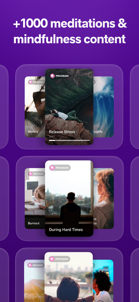 Meditopia: Sleep, Meditation - Ein Bildschirm der Meditopia-App mit verschiedenen Meditations- und Achtsamkeitsprogrammen für Stress und Angstzustände.