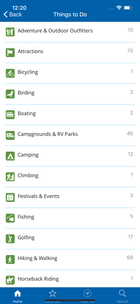 블루리지 파크웨이 여행 플래너 앱에서 하이킹 및 캠핑과 같은 야외 활동 카테고리 목록입니다.