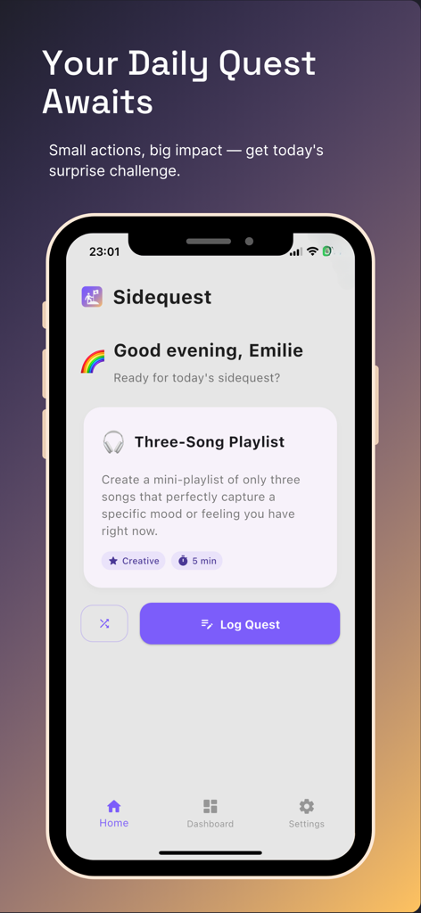 Sidequest Daily - Interfaz de la aplicación Sidequest Daily que muestra una misión diaria creativa para crear una lista de reproducción de tres canciones.