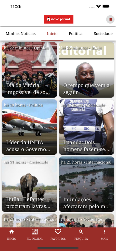 Pantalla de inicio de la aplicación Quiosque Nova Vaga con una cuadrícula de noticias de Novo Jornal con artículos sobre política y sociedad.