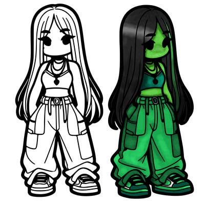 girl in baggy pants crop top and long hair