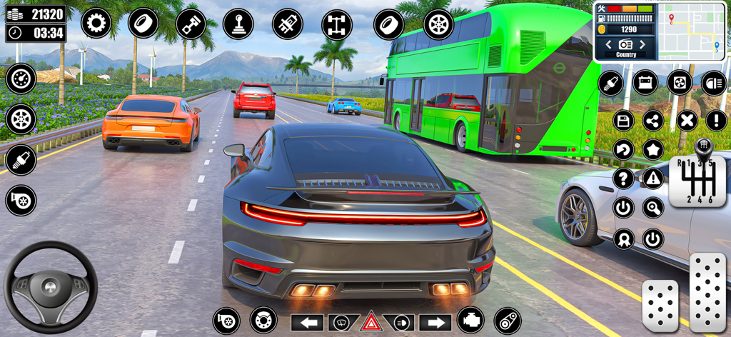 City Driving School Car Games - A black sports car driving on a multi-lane city road next to a green bus in the City Driving School game simulation.