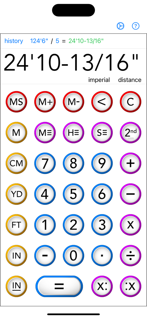 Construction Calc - Main interface of the Construction Calc app showing fractional inch measurements and unit conversion buttons