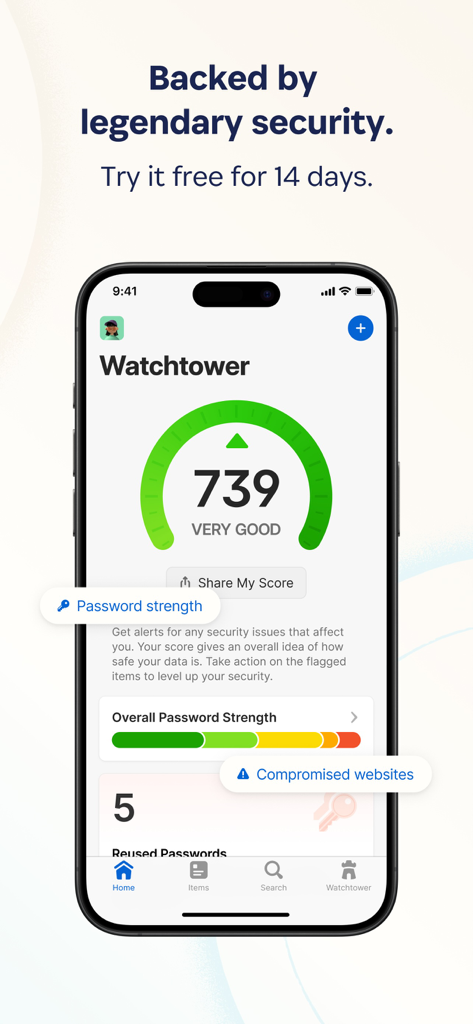 The 1Password Watchtower screen showing a high security score and password health status on an iPhone.