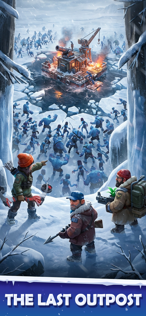 Ice Haven - Três heróis observando uma fortaleza de gelo flutuante cercada por uma horda de zumbis em um deserto congelado.