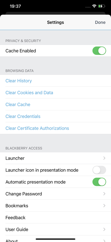 BlackBerry Access - BlackBerry Access app settings screen showing privacy and browsing data management options