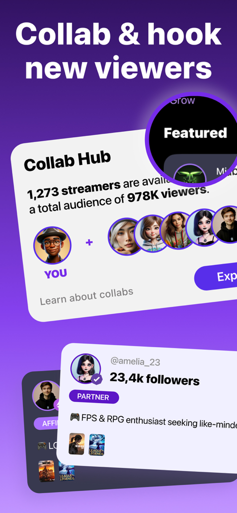 Stream Tracker for Twitch Live - Stream Tracker app Collab Hub showing streamer networking and audience reach