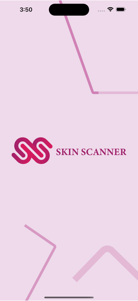 La pantalla de inicio de la aplicación Skin Scanner con un logo rosa y el nombre de la aplicación sobre un fondo rosa claro.