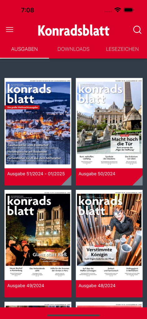 Die Bibliotheksansicht der Konradsblatt-App, die mehrere digitale Ausgaben der katholischen Wochenzeitung anzeigt.