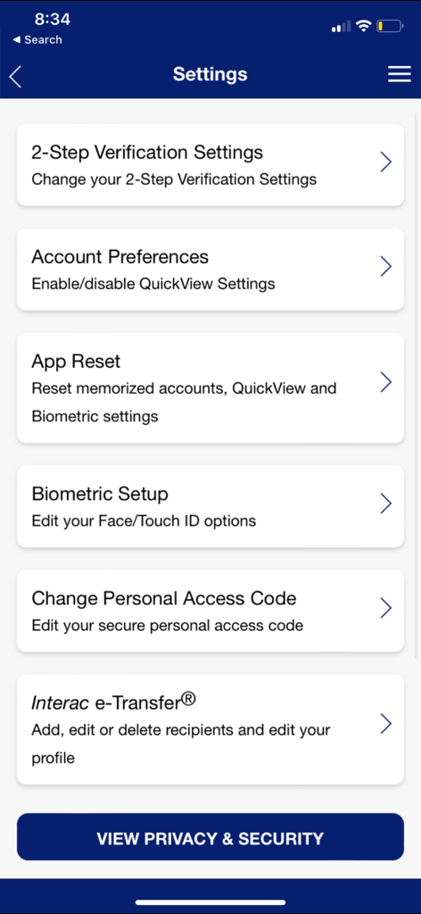 Settings menu for Sydney Credit Union app showing security and account preferences