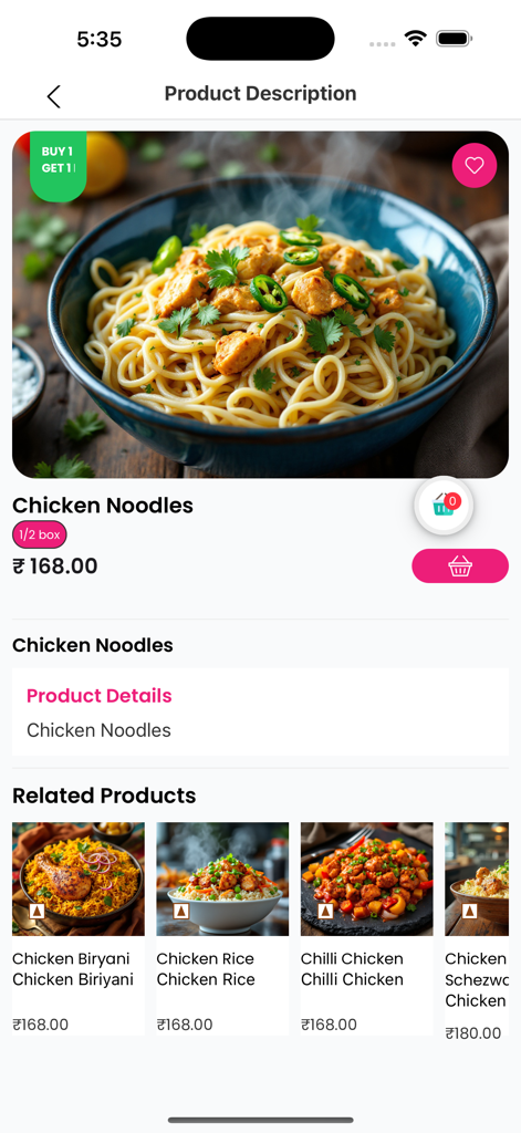 Shino - Shop Local. Fast. - Product description screen for chicken noodles in the Shino mobile app showing price and related dishes