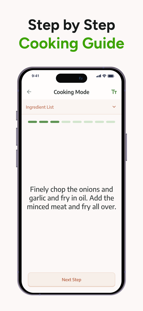 Una pantalla de smartphone mostrando la función de guía de cocina paso a paso de la aplicación Keep Recipes.