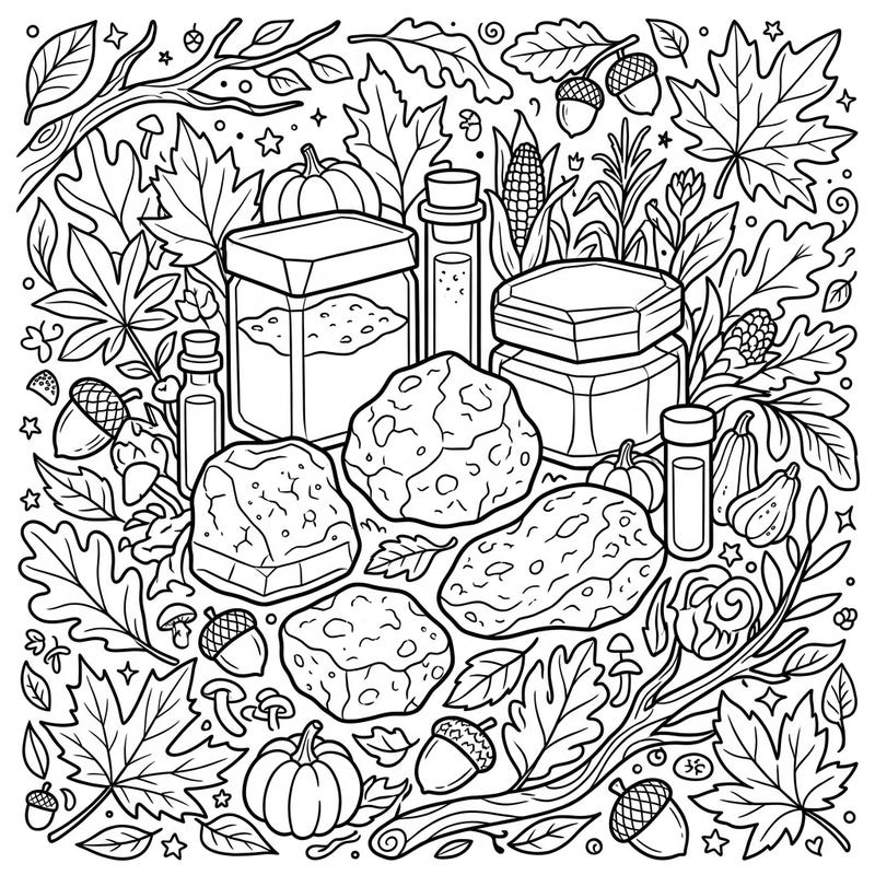 Journey beyond Earth as you explore these intriguing moon rock samples beautifully intertwined with the rustic charm of autumn. This unique coloring page offers a delightful blend of cosmic wonder and seasonal warmth for artists of all ages.