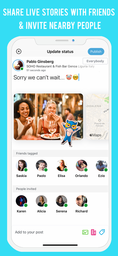 Sharing live stories and inviting nearby people on the Sensory app interface