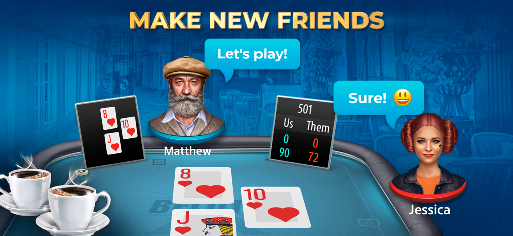 Belote & Coinche by Pokerist - Dois jogadores, Matthew e Jessica, conversando em uma mesa de cartas virtual de Belote com o texto 'Faça Novos Amigos'.