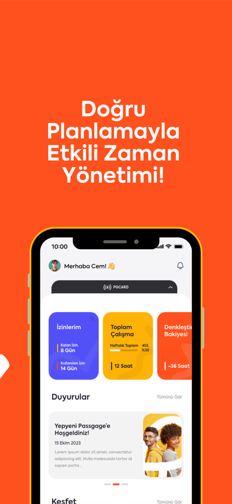 Passgage - Passgage mobile app dashboard showing time management tools employee leave balance and company announcements