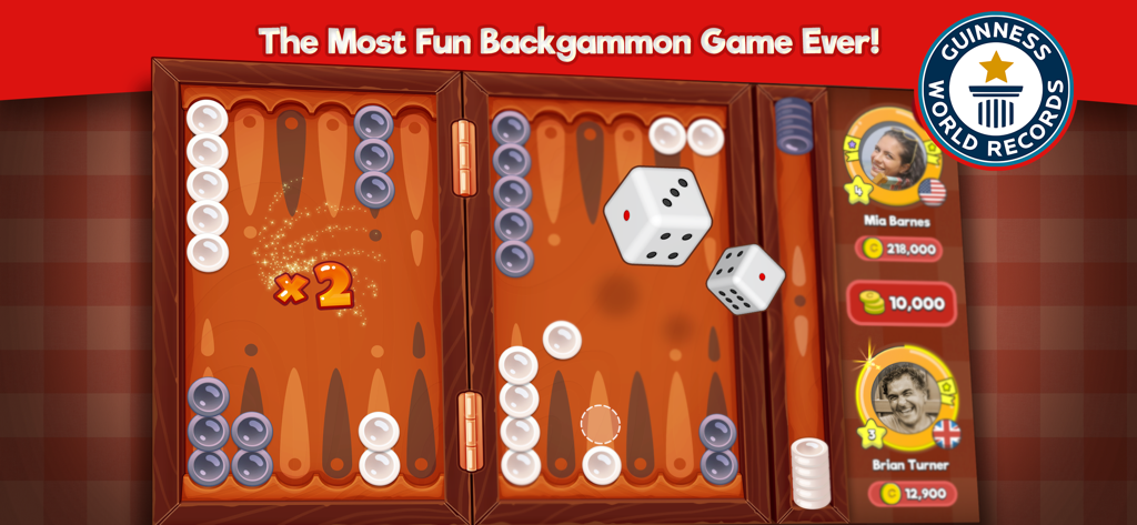 Realistic 3D backgammon board with rolling dice and player profiles in the Backgammon Stars app