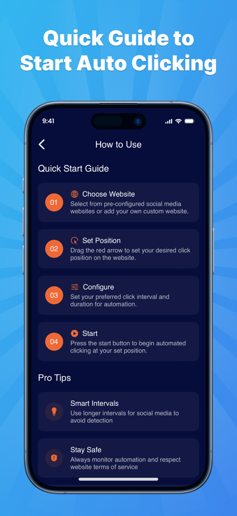 Auto Clicker - Simple Tapper - A step-by-step guide showing how to set up the auto clicker with website selection, click positioning, and interval configuration.