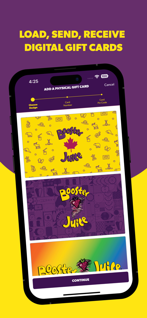 Booster Rewards - 디지털 상품권 디자인 선택을 위한 부스터 주스 앱 인터페이스