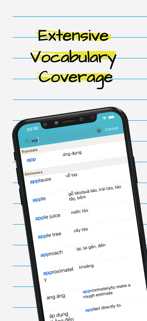 Vietnamese English Dictionary* - A smartphone displaying English to Vietnamese dictionary search results for the word app highlighting extensive vocabulary coverage