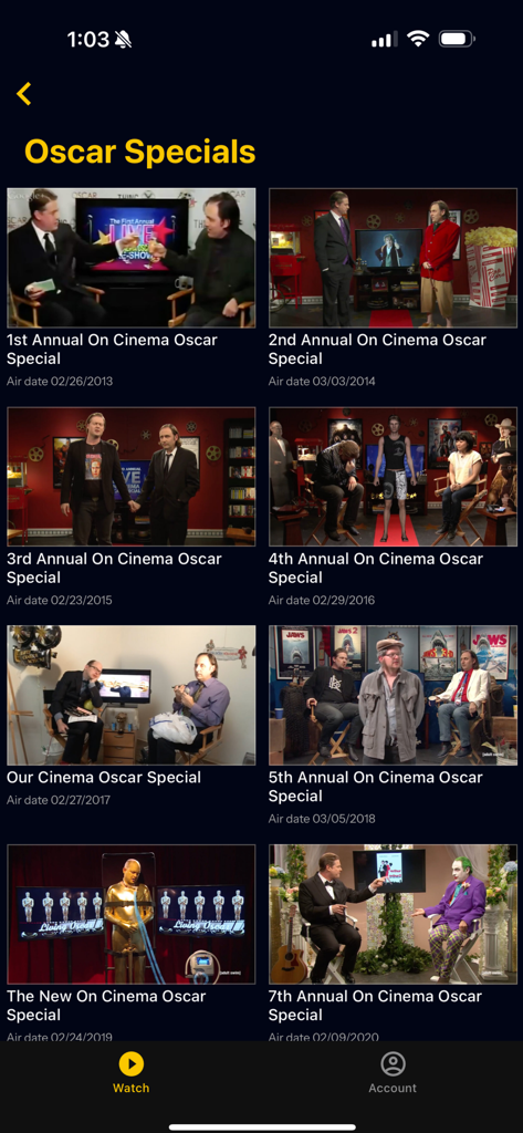 HEI Network App zeigt einen Katalog von On Cinema Oscar Specials mit Thumbnails und Veröffentlichungsdaten