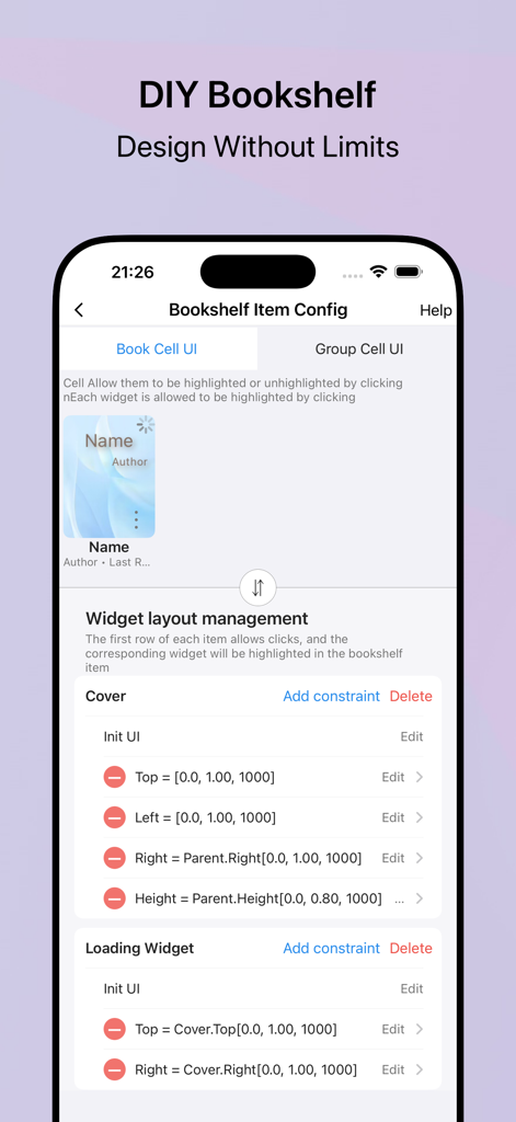 iReadNote - Interfaz de la aplicación iReadNote para personalizar el diseño de los elementos de la estantería y las restricciones de los widgets