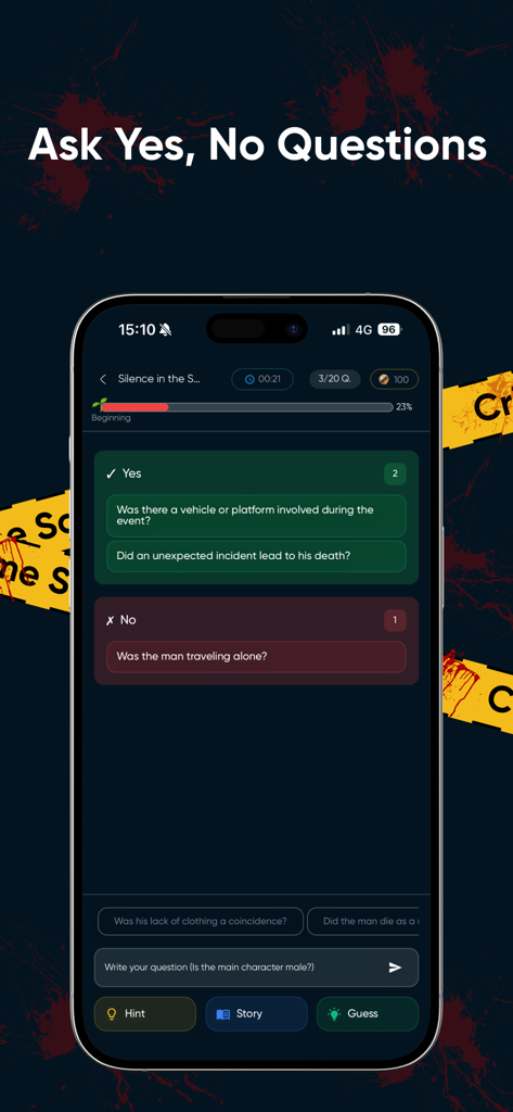 What Happened? Be a detective! - 미스터리 사건 해결을 위한 예 또는 아니오 논리 질문을 보여주는 모바일 게임 인터페이스
