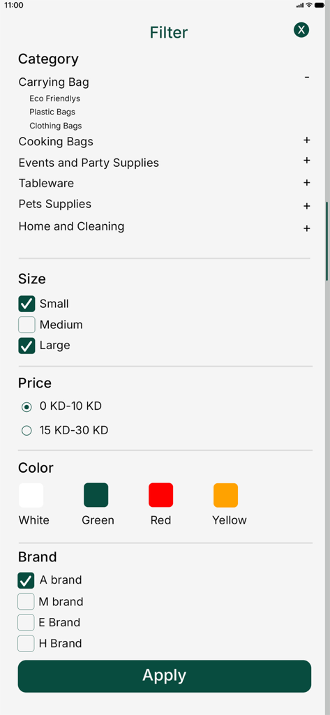 Akyas Packaging Solutions - Interface showing filter options for packaging items by size price color and brand