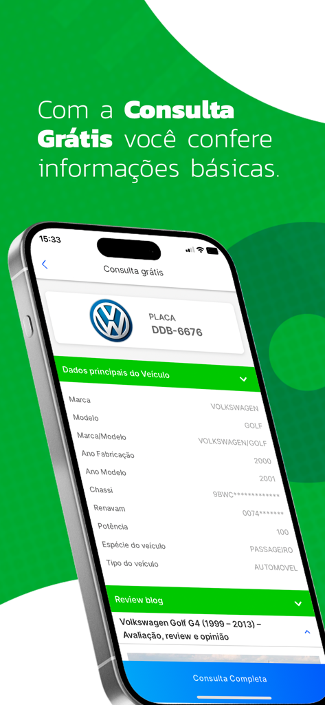 Olho no Carro: Consultar Placa - Screenshot of the Olho no Carro app showing a free vehicle history report with technical specifications for a used car.
