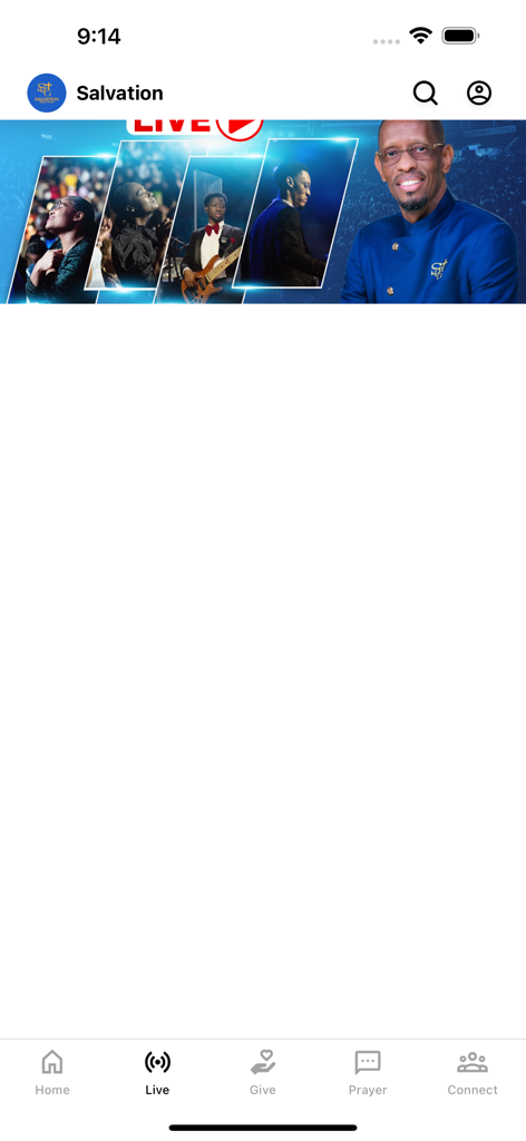 Salvation Church of God - Salvation Church of God app home screen featuring Pastor Malory Laurent and live broadcast banner