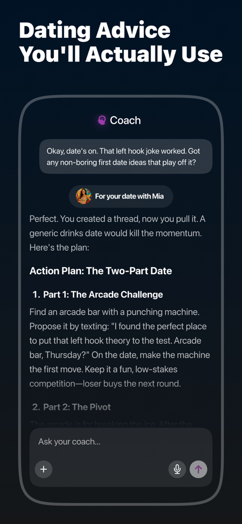 Eden AI: Your Dating Coach - A screenshot of the Eden AI dating coach app showing a personalized first date action plan featuring an arcade challenge