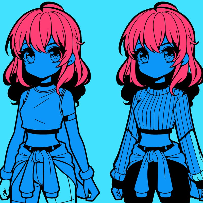 anime girl in a crop top and some shorts with leggings, and has eyes