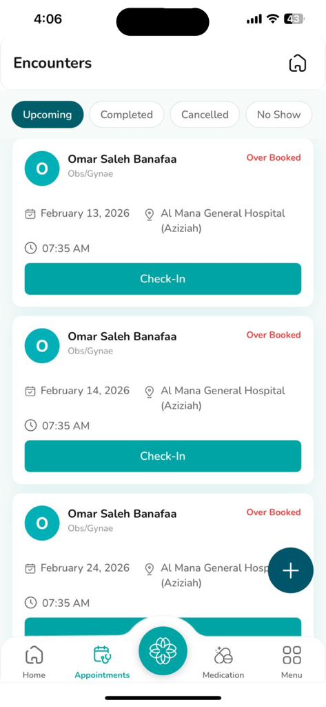Almana | المانع - Almanaアプリの画面。チェックインオプション付きの今後の医療予約リストを表示しています。
