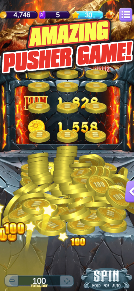 Coin Woned™ - Coin Pusher - Gameplay of Coin Woned coin pusher machine with golden coins and volcano theme.