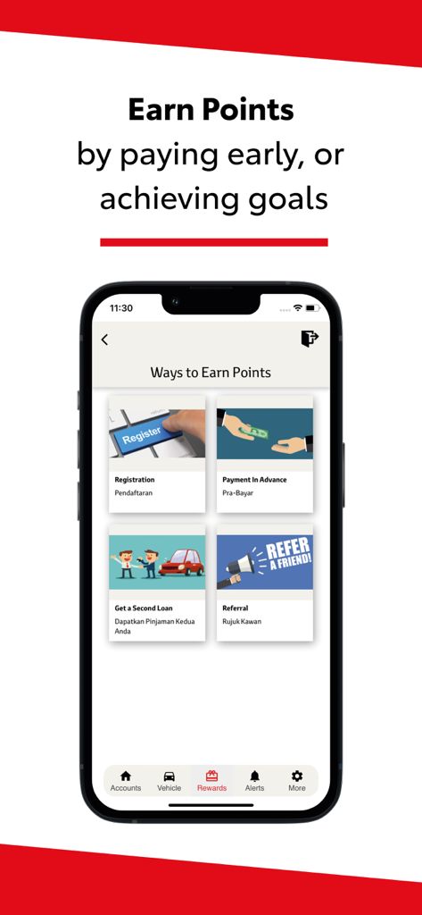 Toyota Capital app rewards screen showing options to earn points through registration, advance payments, second loans, and referrals