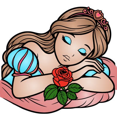 a fairytale princess sleeping with her hands crossed on her chest and a rose on her chest realistic
