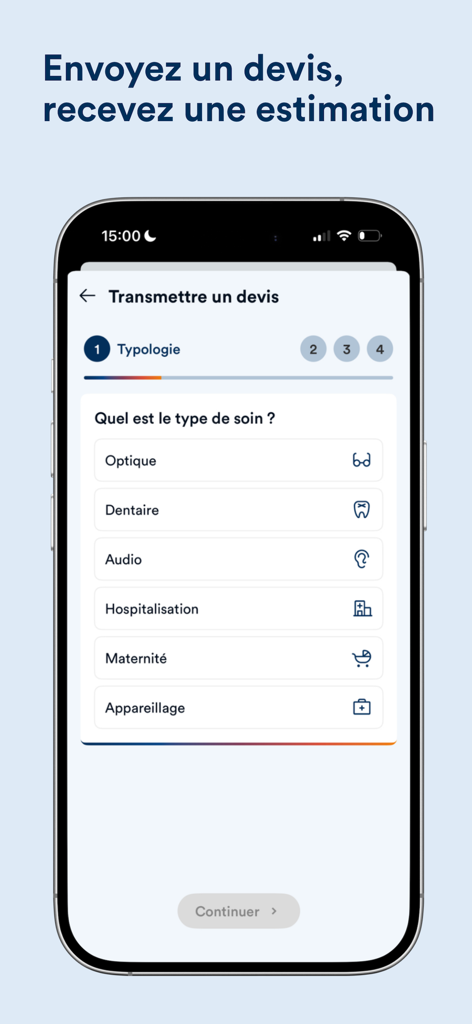 Interface de l'application Vivinter montrant les options pour soumettre des devis d'assurance santé pour les soins dentaires, optiques et hospitaliers.